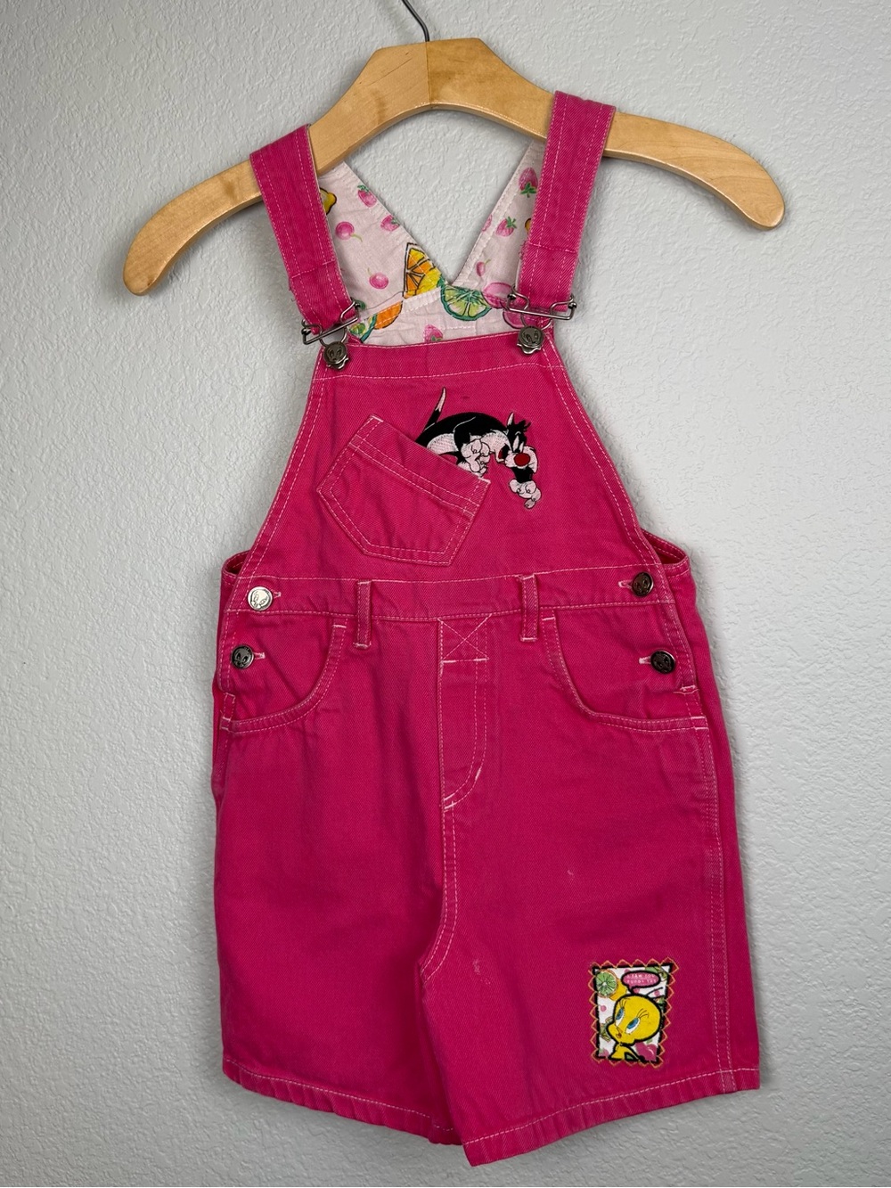 Vintage 1998 Looney Tunes Tweety Bird Pink Shortalls Overalls Kids Size Small
